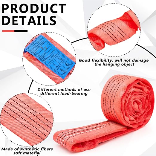 Fabbay 4 Pcs 4 Feet Heavy Duty Polyester Endless Loop Round Lift Slings Lifting Straps for Hoist Towing Moving Furniture Rigging Equipment, 13200 LB Vertical, 10600 LB Choker, 26400 LBs Basket(Red)