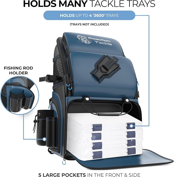 Reaction Tackle Saltwater Fishing Tackle Bags, Water Resistant 1000D PVC Tackle Box Bag with Removable Dividers, Fits 3600 and 3700 Trays, Backpack