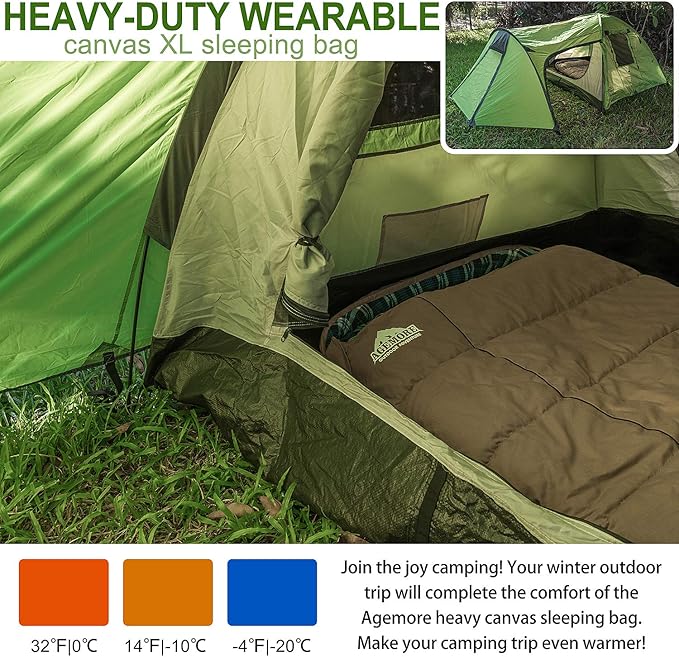 0 Degree Canvas Sleeping Bag for Adults, Cotton Flannel Sleeping Bag for Winter Camping, Fishing, Hunting or Traveling, Durable Cotton Canvas Shell and Removable Flannel Liner
