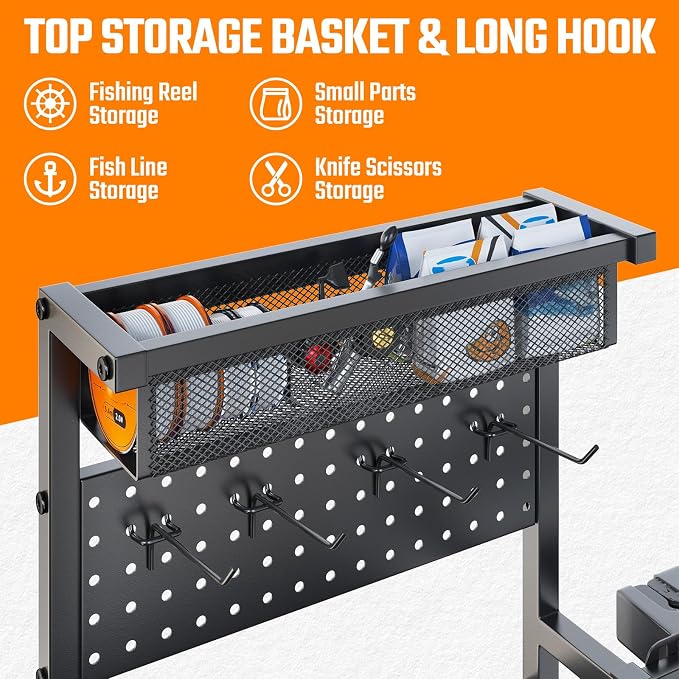 Fishing Rod Holders for Garage, Fishing Pole Holder with 3 Tier shelf, Heavy Duty Fishing Pole Rack with Pegboard & Basket, Fishing Rod Rack Hold up to 12 Fishing Rods, Ideal Fishing Gifts, Black