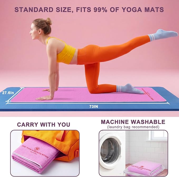 Upgraded Yoga Mat Towel with Bonus Grip Socks, Orchid Purple | Elegant Embroidered, 1-Second Sweat Absorption & Non-Slip | Machine Washable Microfiber | Hot Yoga, Pilates | 73''*27.6''