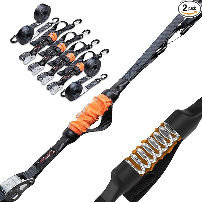 TorkStrap 14' x 1.5'' Self Tensioning Tie Down Straps [Patented] - Automatically Adapt to Load Shifts - 2,250LB Break Strength - Pull Alternative to Ratchet Straps - Integrated Soft Loop & Hook (4-PK)