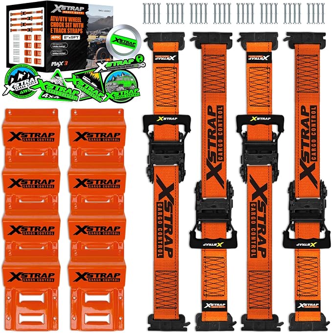 XSTRAP STANDARD Wheel Chock E-Track Tie Down Straps Kit, 4 Pack 2" x 9FT Over-The-Tire Ratchet Straps with Steel Wheel Chocks, 1466 lbs WLL for ATV, UTV, Lawn Mower, Trailer Hauling, Orange