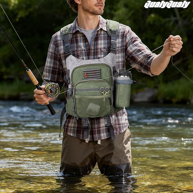 QulayQualy Fly Fishing Pack - Chest Pack with Work Station Lightweight Tackle Fishing Bag with Quick-Release (Green, L-12'' w/Cup Sleeve)