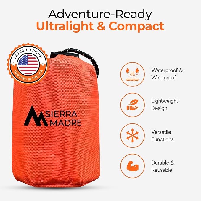 Sierra Madre Emergency Sleeping Bag – Ultralight, Waterproof Mylar Thermal Bivy Sack Tent for Hiking, Bug-Out Bags, Survival Kits