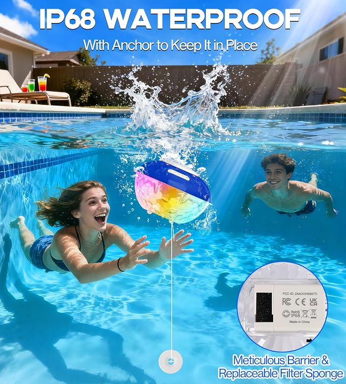 Luxfero 3 in 1 Pool Fountain with Bluetooth Pool Speaker, Floating Pool Fountain with Lights, IP68 Waterproof Hot Tub Speaker Pool Water Fountain Pump, BT5.4, Loud Sound Pool Fountain Speaker-Blue