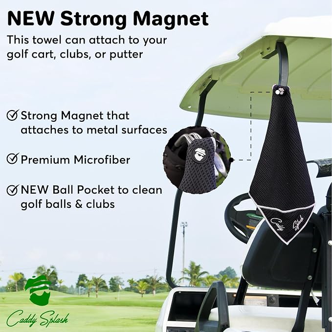 Caddy Splash Pocket Mag Towel – Magnetic Microfiber Golf Towel with Ball Pocket, Ultra-Absorbent & Durable, Strong Magnet & Carabiner for Easy Bag Attachment – The Ultimate Golf Towel-Black/White