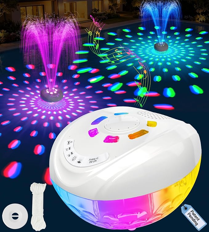 Luxfero 3 in 1 Floating Pool Fountain with Pool Speaker & Lights,2026 New Rechargeable Pool Fountain,Floating Bluetooth 5.4 Speaker IP68 Waterproof,Above Ground Pool Water Fountain with Anchor-White