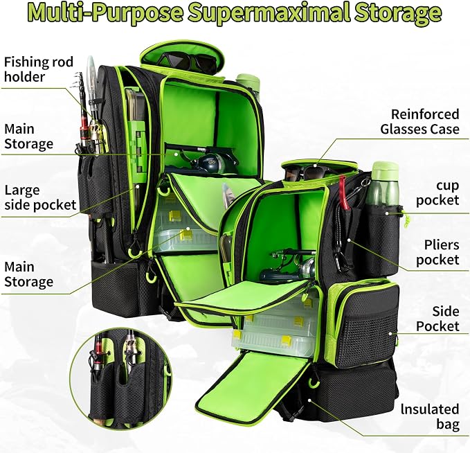 BLISSWILL Large Fishing Backpack with Cooler for 3 Tackle Boxes - Fishing Bag with Rod Holders for Camping and Hiking