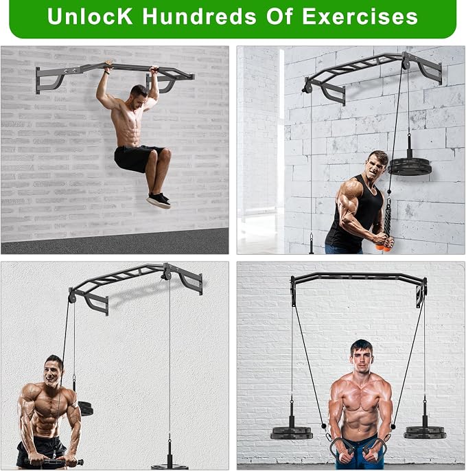 SELEWARE 48'' Heavy Duty Pull Up Bar Wall Mount Multi-function Chin up Bar with Home Gym Cable Pulley System LAT Pulldown Workout Attachments Heavy Bag Hanger