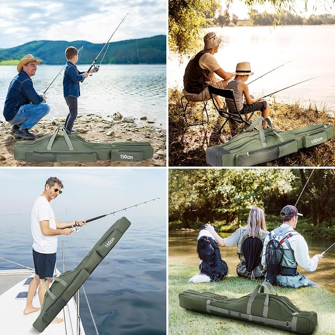 Fishing Rod Case with Fishing Tackle Box Portable Folding Rod Case Pole Reel Storage Bag Gears Organizer (150CM)