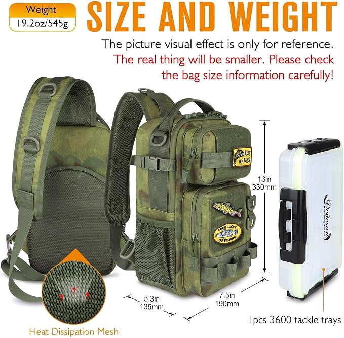 Dovesun Small Fishing Backpack with Tackle Boxes Fishing Sling Bag DIY Embroidery Patches Tackle Bag Gift for Men Green