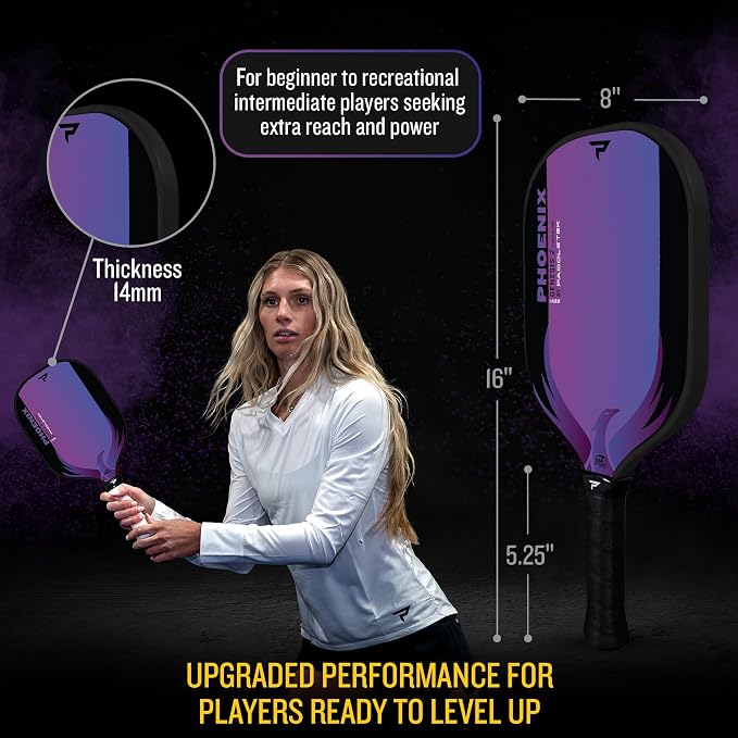 Paddletek Phoenix Genesis 2 – 14mm Pickleball Paddle – Fiberglass Composite Face – Easy Power & Soft Feel – USAPA Approved Pickle Ball Paddle – 5.25 Inch Handle