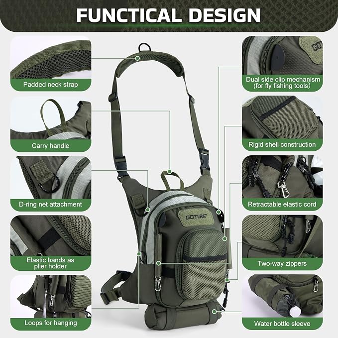 Goture Fly Fishing Chest Pack, Lightweight Chest Pack Tackle Storage Bag, Fly Fishing Bag with Adjustable Padded Neck Strap and Waist Strap, Hard Shell Front Pocket, Water Bottle Pouch, Gifts for Men