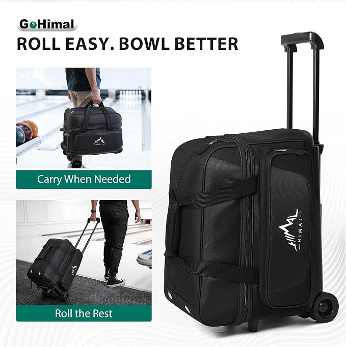 GoHimal Double Roller 2 Ball Bowling Bag with Separate Shoe Compartment for Bowling Shoes (Up To US Mens Size 15) and Oversized Accessory Pocket, Retractable Handle - Extends to 40"