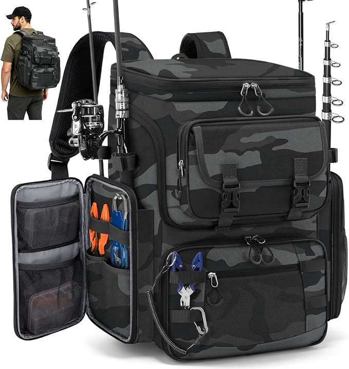 RAINSMORE Fishing Backpack, 45L Large Fishing Bag with 4 Rod Holders & Insulated Cooler Professional Fishing Tackle Backpack with Rain Cover Waterproof Tackle Bag for Men Gift, Grey Camouflage