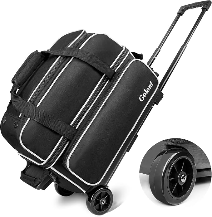 Goloni Double Roller 2 Ball Bowling Bag with Separate Shoe Compartment,2 Ball Bowling Bag with Wheels,Retractable Handle Extends to 40"