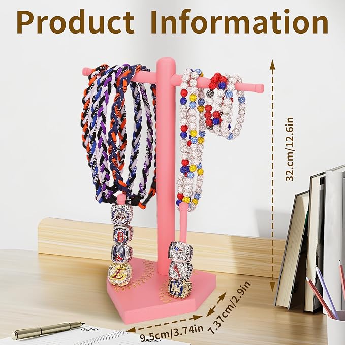 Baseball Ring Display Holder for Championship Rings & Necklaces, Wooden Sports Jewelry Organizer with Bat Stand for Baseball Softball Players, Athlete Gift Display Case for Rings Bracelets Medals,Pink