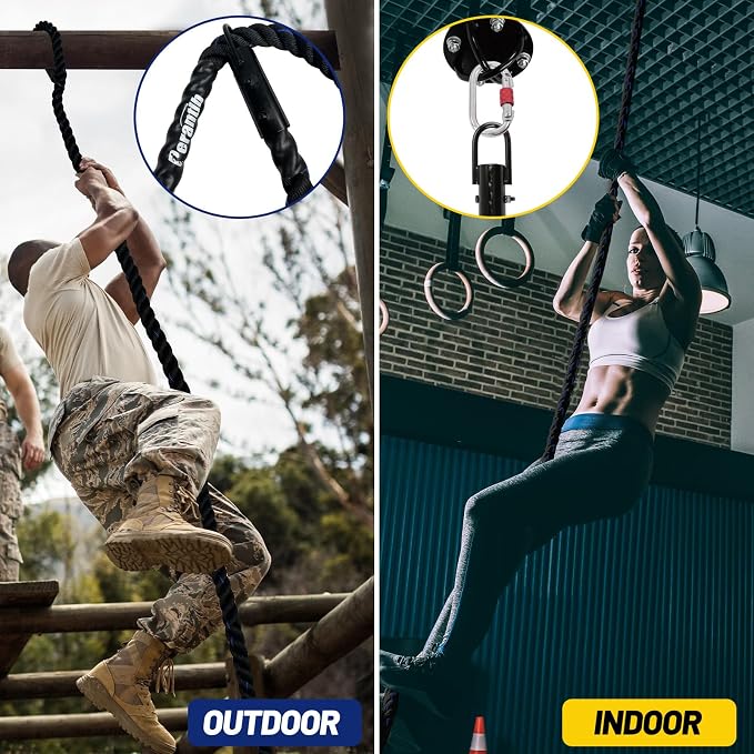 100% Polyester Climbing Rope with Hooks - Heavy Duty 1000LBS Load Capacity, 1.5inch Diameter, 10,15,20,25,30,50ft Length for Outdoor Rock Climbing, Rescue & Escape (25ft)