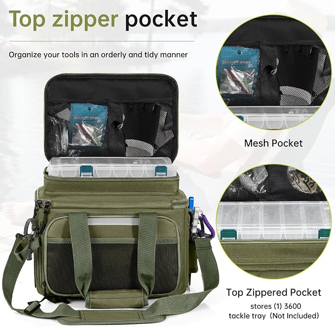 Fishing Tackle Bag - Holds 3400-3600 Size Tackle Boxes -Saltwater & Freshwater Fishing Bags - Padded Shoulder Strap Fishing Bags(Green) (Bag Only)