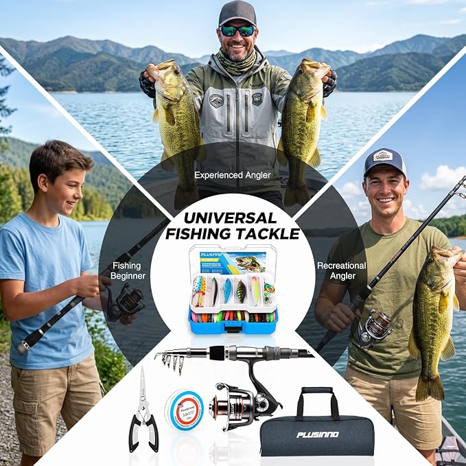 PLUSINNO Fishing Rod and Reel Combo Pole Gear Kit Telescopic Beginner | Portable All-in-One Fishing Equipment, with Freshwater Bass Trout Lures Kit Floating Net, with Carrying Case, Gifts for Men