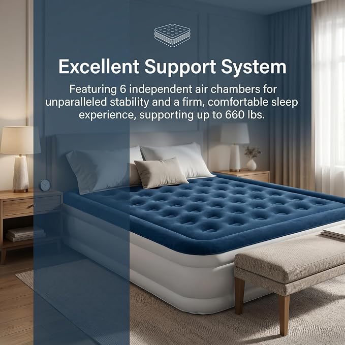 Air Mattress Queen with Built in Pump Comfortable Waterproof Flocked Surface Blow up mattresses for Temporary Family Stays and Travel,16-Inch Blow Up Mattress Inflates in 3 Minutes