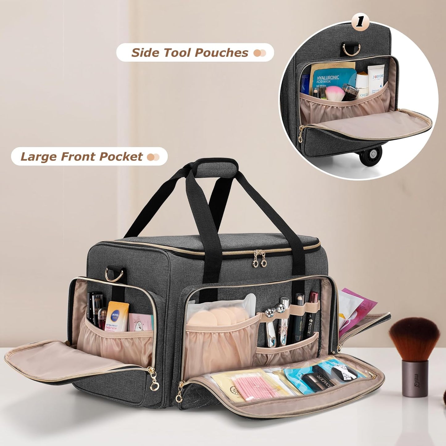 LUXJA Rolling Makeup Case with 3 Removable Pouches and 1 Makeup Brush Bag, Large Makeup Bag Cosmetic Bag with Detachable Dolly (Patented), Gray