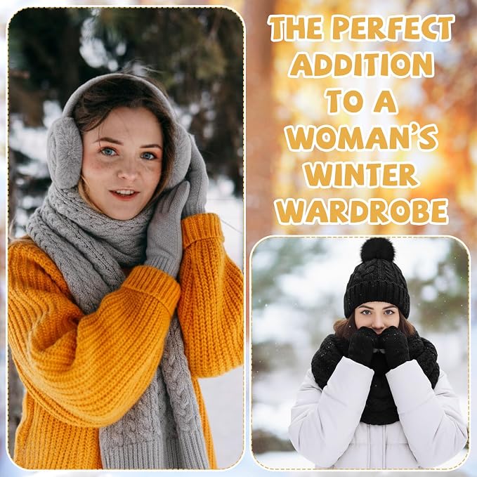 16 Pcs Women Hat Scarf Gloves Ear Muffs Set Winter Knitted Pom Beanie Hats Scarf Touch Screen Gloves for Men Adult Homeless