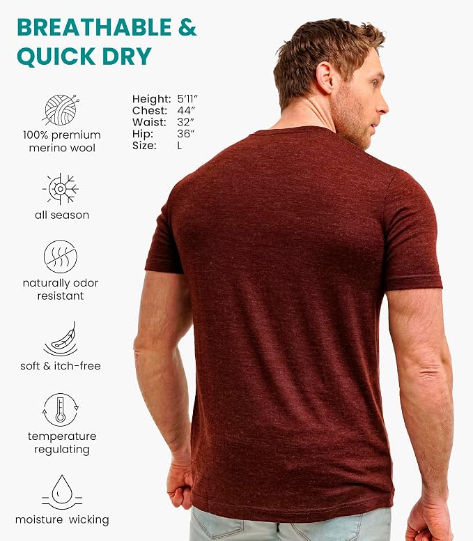 Merino Wool T-Shirt Mens - Merino Wool Undershirt Thermal Shirt for Men and Hiking Socks