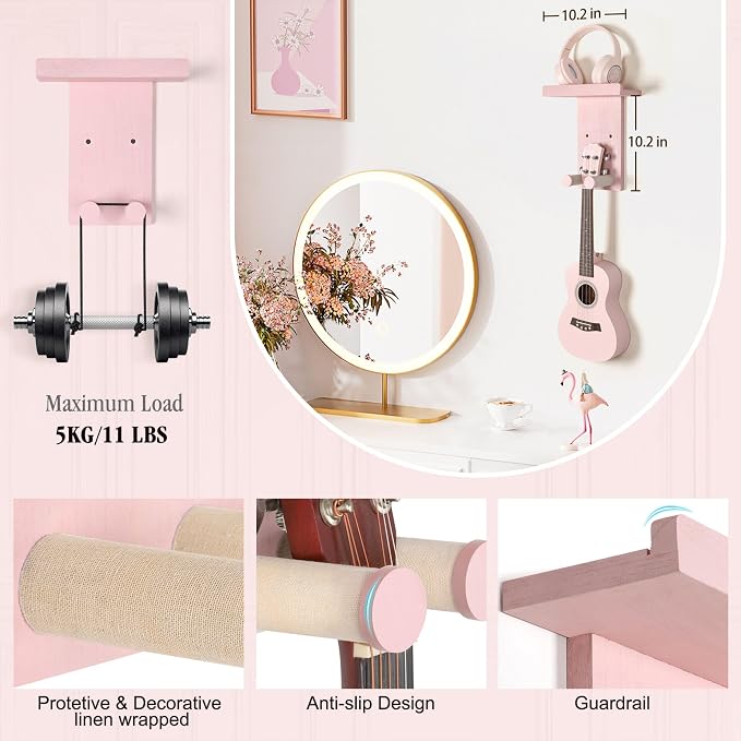 Keebofly 2-Pack Guitar Wall Mount Hanger with Shelf & Pick Holder - Wood Wall Hook for Acoustic, Electric, Bass Guitars, Ukulele (Screw-Mounted, Pink) [Patented]
