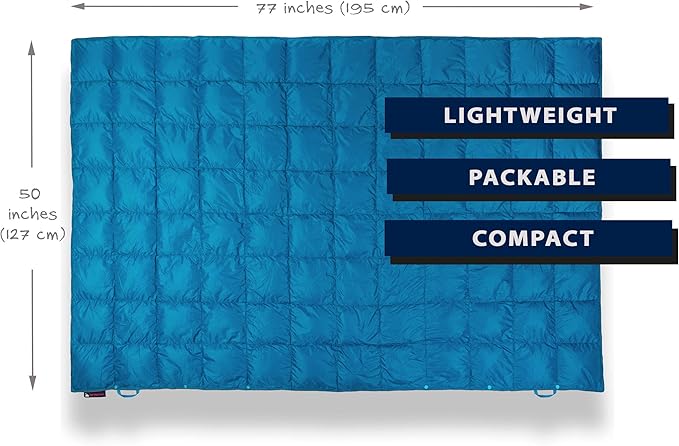 Get Out Gear Down Camping Blanket - Puffy, Packable, Lightweight and Warm | Ideal for Outdoors, Travel, Stadium, Festivals, Beach, Hammock | 650 Fill Power Water-Resistant Backpacking Quilt
