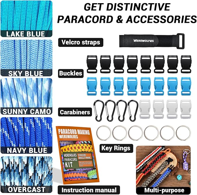 WEREWOLVES 550 Paracord Kits 100ft Each Color - 5 Colors Parachute Cord Combo 7 Strand Type III Parachute Cord 4mm for Crafting, Dog Collar, Survival Bracelets