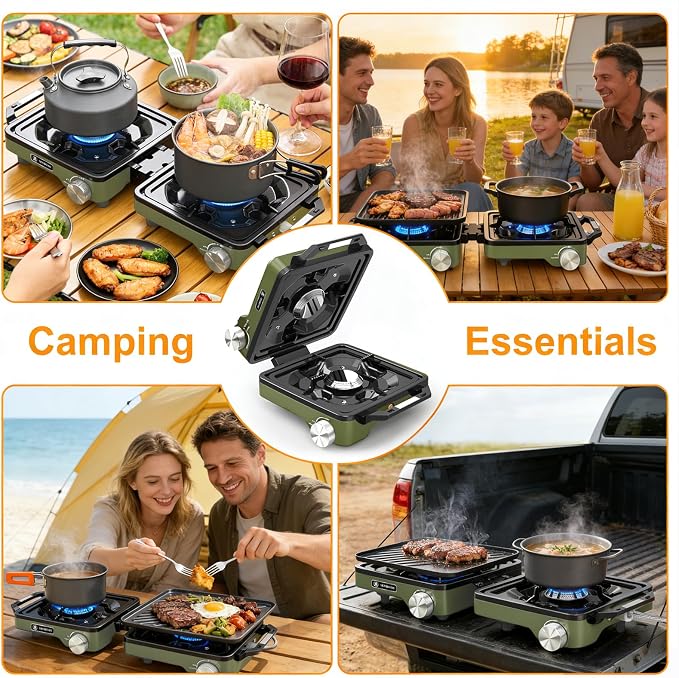 2-Burner Pro Camping Stove,24000 BTU Camp Stove,Foldable Propane Stove Includes Carry Bag,Windscreen Griddle, Portable Stove,Camping Essentials,Suitable For Outdoor Cooking,Tailgating,Grilling (Green)
