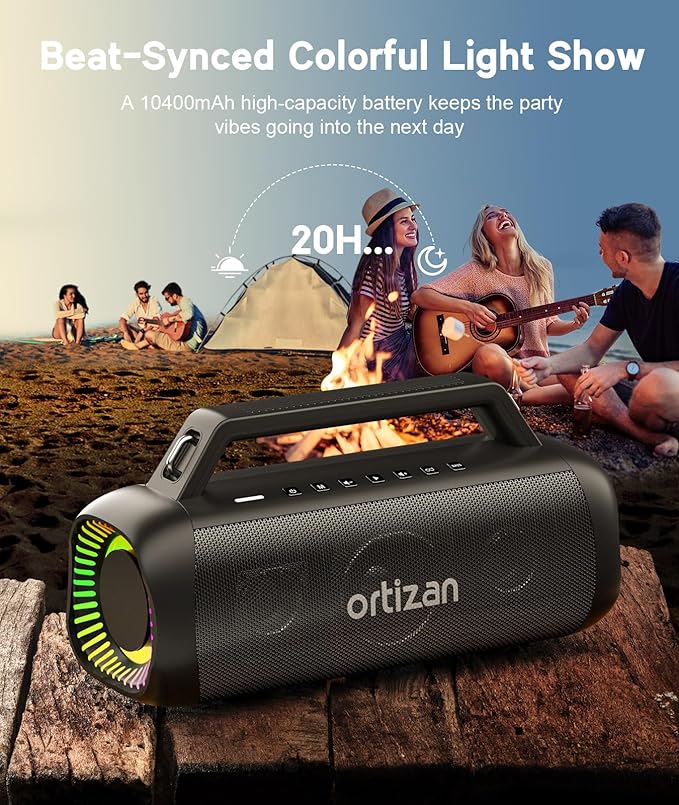Ortizan 80W Speakers Bluetooth Wireless Loud with Bass, 24H Playtime, IPX7 Waterproof, Bluetooth 5.3, TWS Pairing, Large Outdoor Speaker with Lights, Portable for Garage, Camping and Beach - Black