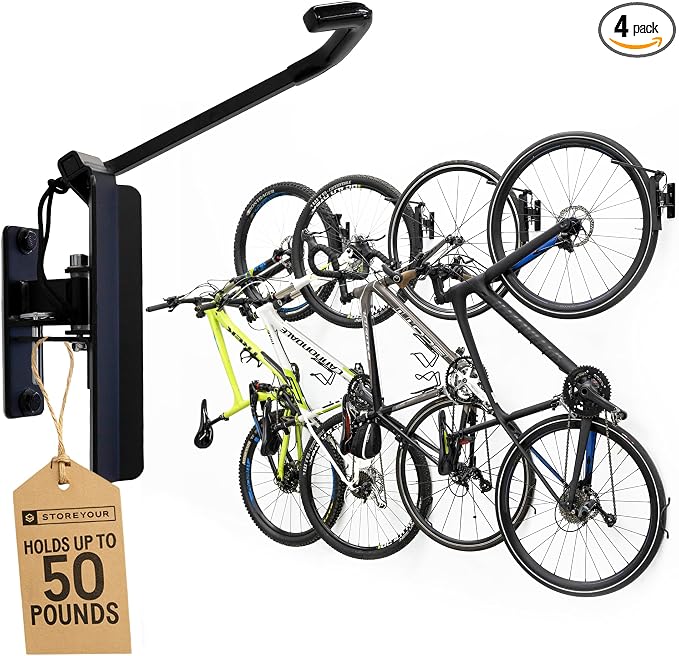 StoreYourBoard Bike Hangers for Garage | Garage Bike Rack Wall Mount, Vertical Bicycle Rack for Garage | 124° Swivel Bike Wall Mount with Stopper, Holds 50lbs, Fits All Wheel Diameters, Max 2.6” Tires