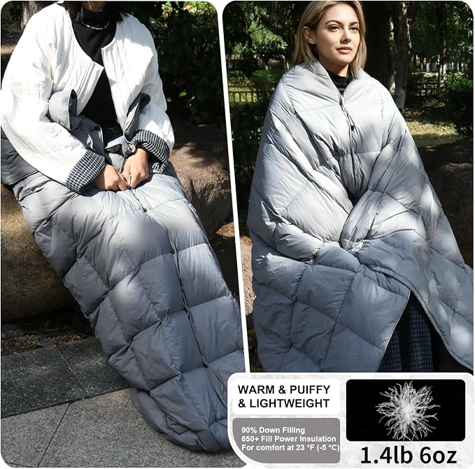 Down Camping Blanket - Lightweight, Packable, Warm & Puffy Outdoor Travel Quilt for Sleep, Hiking, Backpacking, Stadium, Festivals, Water-Resistant Sleeping Bag 55"x79"