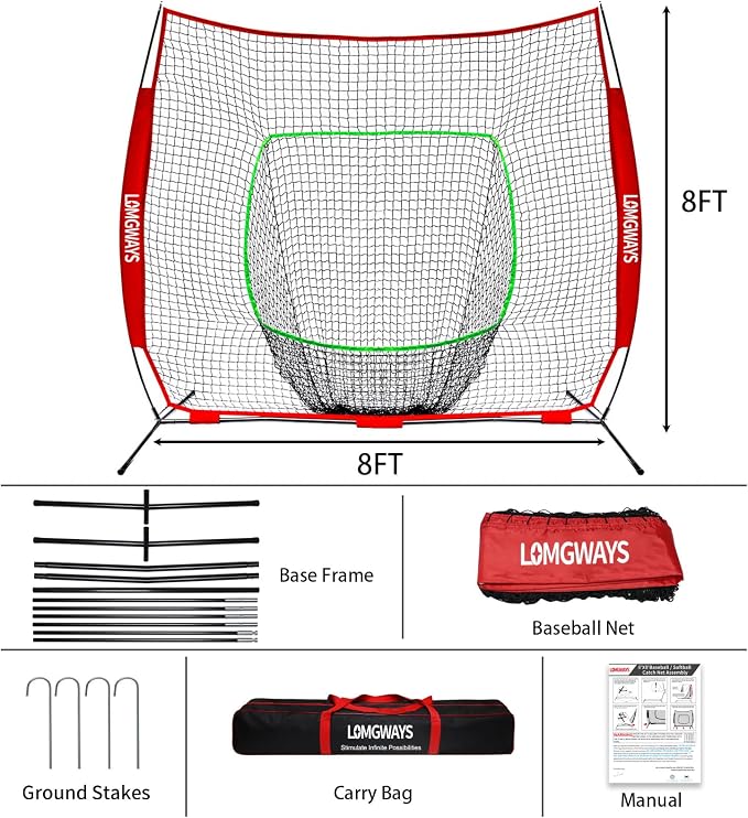 7x7ft/8x8ft Baseball Softball Net with Steel Frame for Batting, Hitting, Pitching, Portable Baseball Batting Net with Carry Bag, Great for All Levels