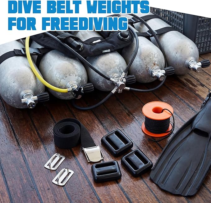 Tellegloww 7 Pcs Diving Weight Accessories Include 4 Dive Weights, 1 Nylon Dive Belt with Metal Quick Release Buckle, 2 Stainless Steel Weight Belt Keeper with D Ring for Diving Spear Fishing