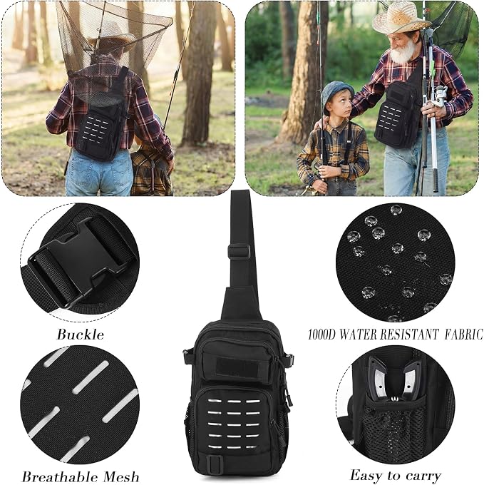 134 Pcs Black Sling Backpack Fishing Kit - All-in-one Tackle Set, Lures, Pliers, Lip Gripper, Scale Fishing Gear and Equipment for Men Adults