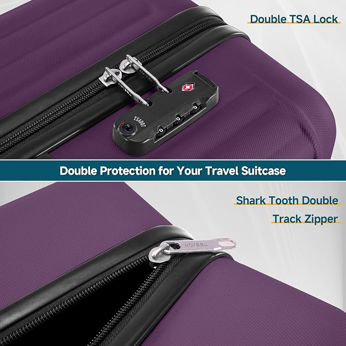 Hoteel 20Inch Luggage 3-piece Set, 360° Universal Suitcases with Wheels Hard Shell Suitcase with TSA Lock, Including Waterproof Luggage Bag, Travel Maletas for Men and Women,Purple