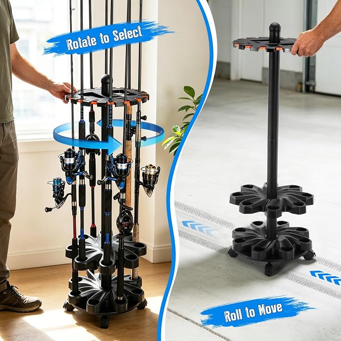 Fishing Rod Holder for Garage Storage, Holds Up to 16 Rods | Fishing Pole Holders, 360 Degree Rotating Pole Rack with Wheels for Ground, Fishing Pole Storage