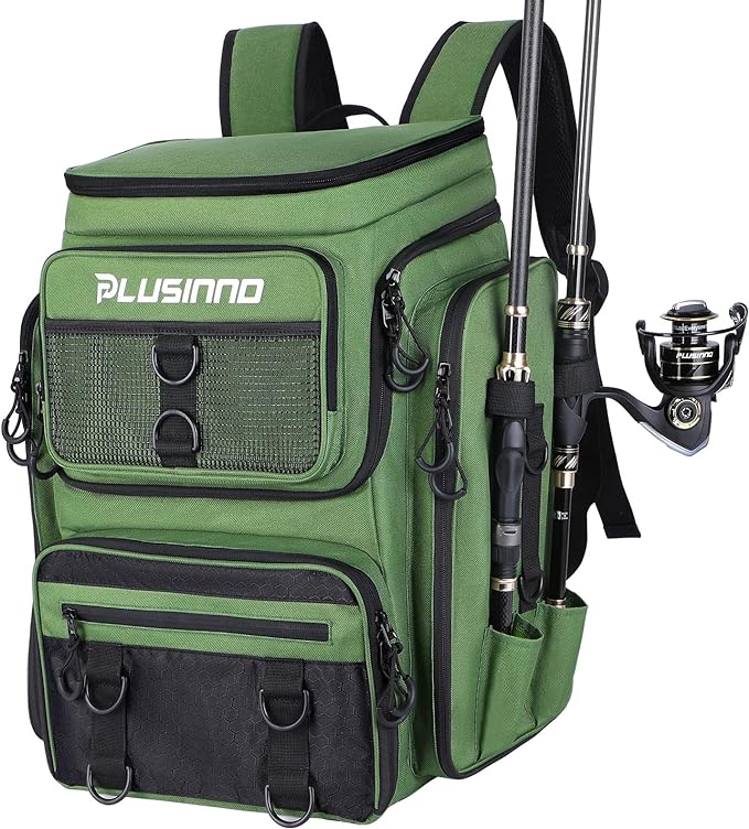 PLUSINNO Fishing Backpack with Rod Holders 4 Tackle Boxes, 42L Large Water-Resistant Fish Tackle Bag Store Fishing Gear, Camping, Hiking Gifts for Men Father, Green