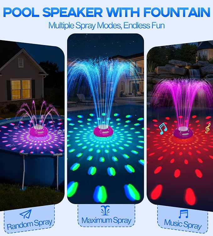 Luxfero 3 in 1 Pool Fountain with Bluetooth Pool Speaker, Floating Pool Fountain with Lights, IP68 Waterproof Hot Tub Speaker Pool Water Fountain Pump, BT5.4, Loud Sound Pool Fountain Speaker-Purple