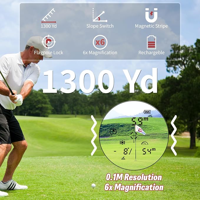 Golf Rangefinder 1300 Yards with Slope, 6X Magnification Laser Range Finder for Hunter, Flag Lock Vibration & Magnetic, Rechargeable Golf Accessories for Men, Hunting Gifts for Men