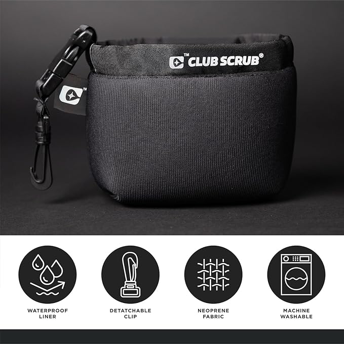 Club Scrub Golf Club and Golf Ball Cleaning Bag, Waterproof Clean Face Technology Liner, Detachable Clip, Machine Washable, Cleans Club Grooves, Dry Exterior (Neoprene or Microfiber Option Available)