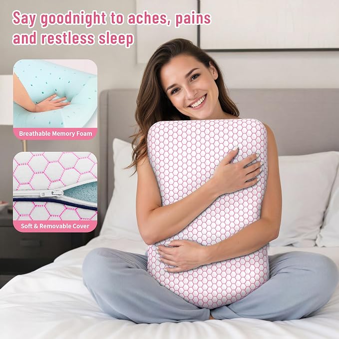 CushyOasis Memory Foam Pillows for Side, Back and Stomach Sleepers, Set of 2, Bed Pillow with Washable Cover and Breathable Mesh, Bed Pillow for Sleeping (Pink，Standard Size)