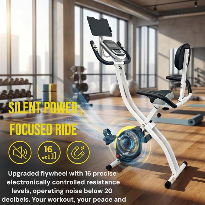Folding Exercise Bike, Foldable Upright Stationary Bike, Indoor Cycling Magnetic X-Bike with 16-Level Electronic Resistance, Back Support Cushion for Home Gym