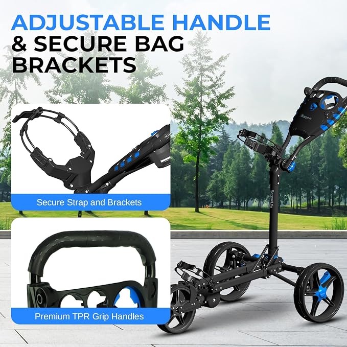 SereneLife Golf Cart Lightweight Foldable Golf Push Cart - Aluminum Folding Trolley with Adjustable Handle, Elastic Bag Straps, Dual Brakes, Scorecard & Cup Holders for Easy Maneuverability