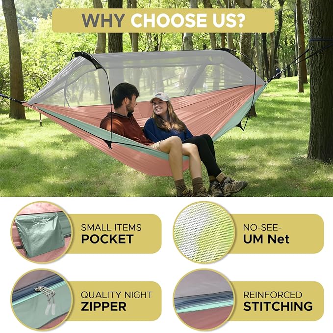 Sunyear Camping Hammock Tent - Portable Hammocks with Mosquito Net (Single/Double, 500lbs Capacity) - Spacious & Anti-Rollover Design with 2 Tree Straps for Hiking, Backpacking, Indoor/Outdoor Use