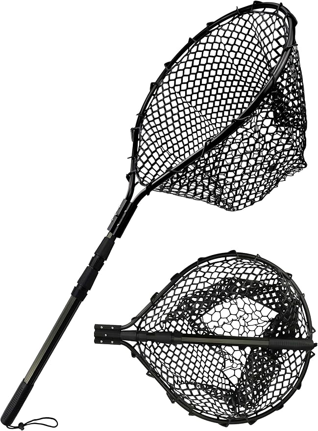 Hlotmeky Extra Long Fishing Net - 70" Telescoping Handle Large Rubber Landing Net for Kayak, Pier & Boat - Foldable Heavy Duty Saltwater Net - Catch & Release Snag-Free Mesh for Large Fish